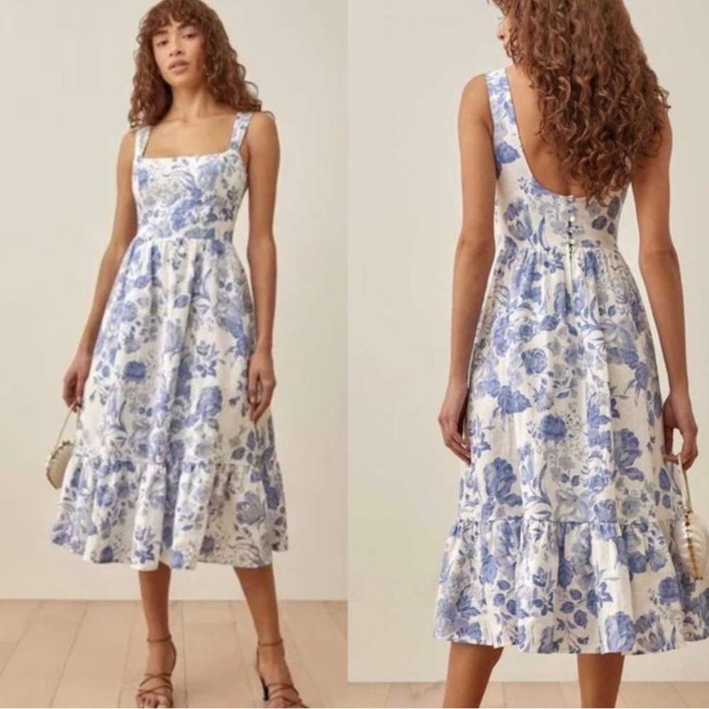 Reformation Bucatini Blue & White Floral Linen Midi Dress – Size 0